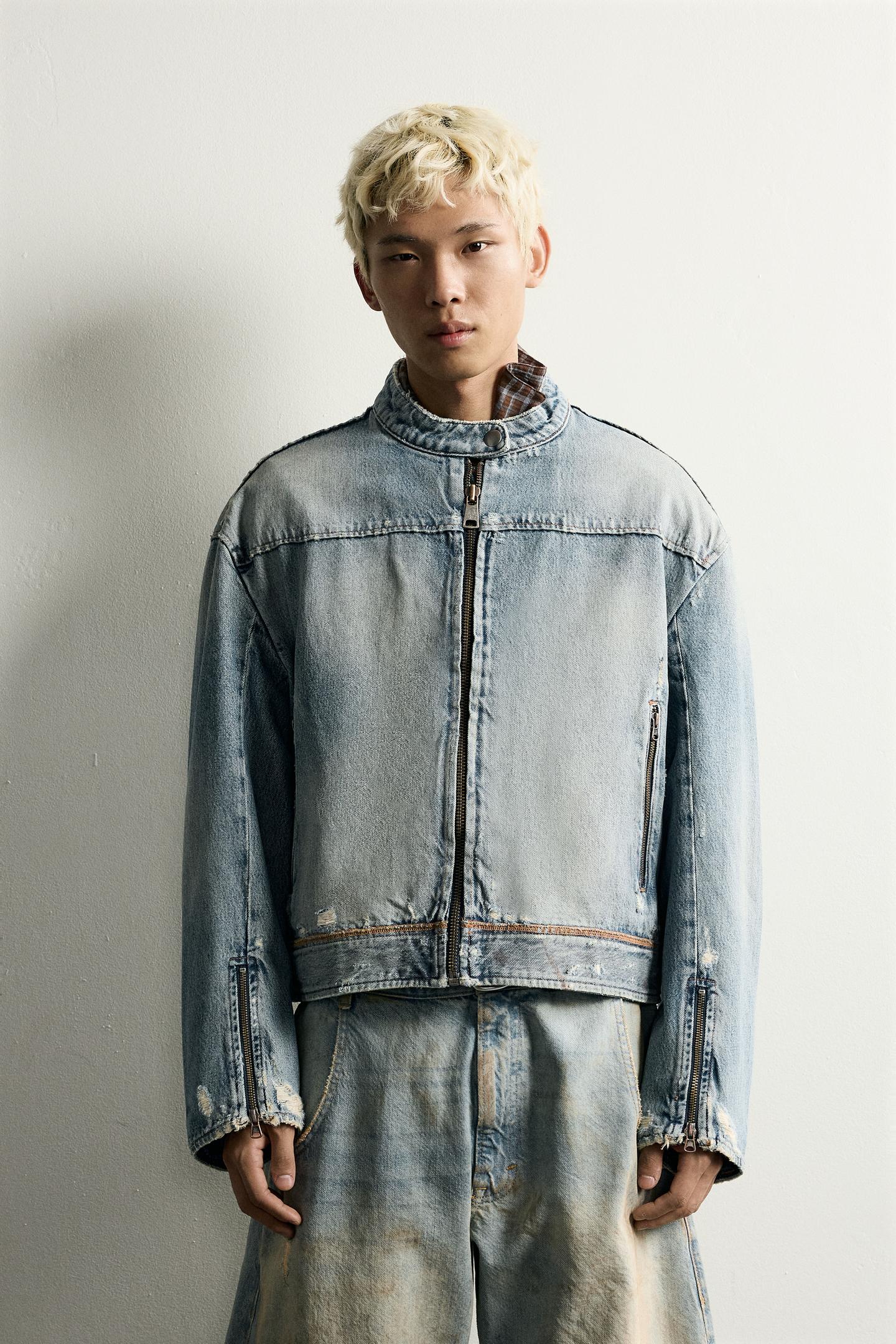 Мужская куртка Zara Cropped Denim Biker, цвет: Синий — фото 2