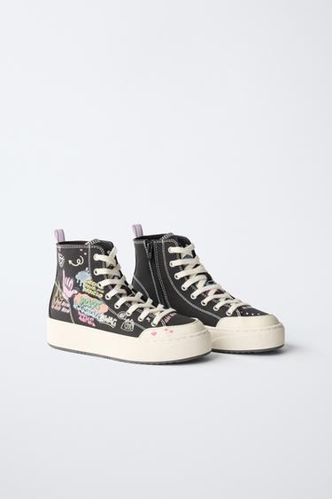 Zara GRAFFITI PRINT HIGH TOP SNEAKERS - Black
