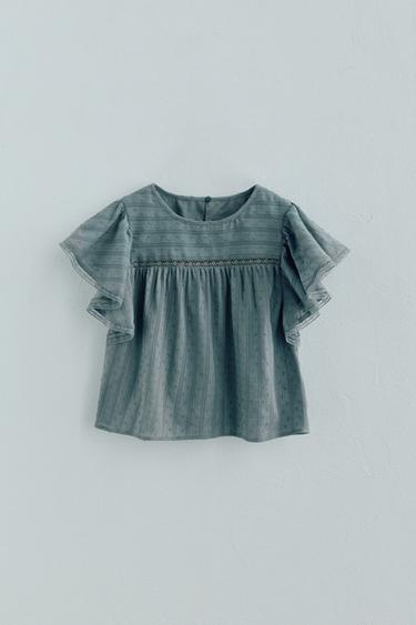 BLUSA COM FOLHOS E RENDA - Cinzento-antracito da Zara