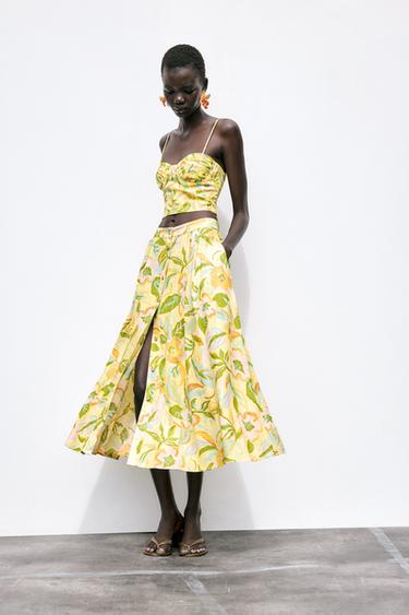Zara PRINTED LINEN SKIRT - yellow