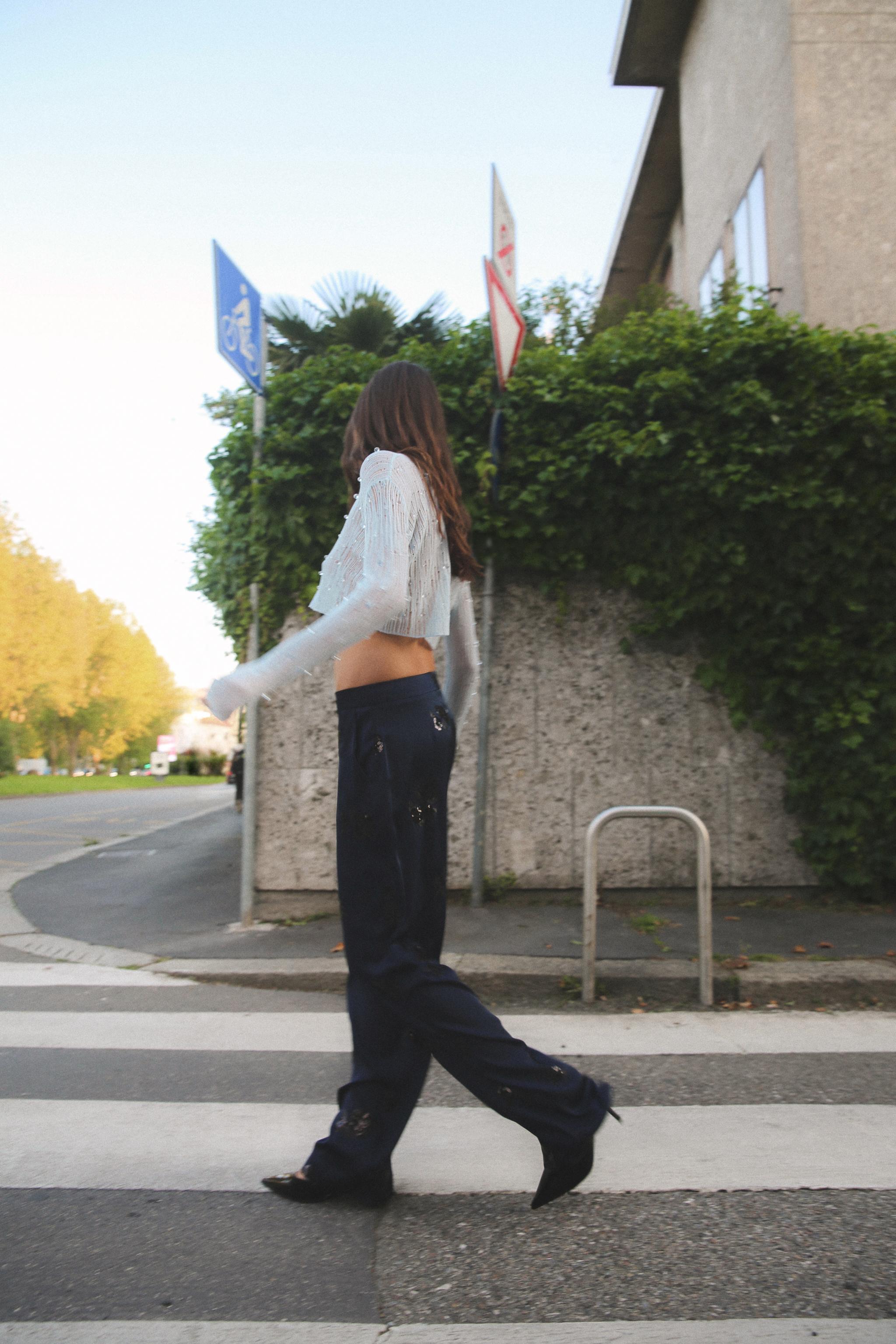 CROPPED KNIT CARDIGAN WITH BEADS Light blue ZARA South Africa