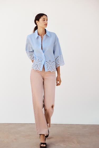 POPLIN SHIRT WITH CUTWORK EMBROIDERY - Blue/White by Zara - Image 0