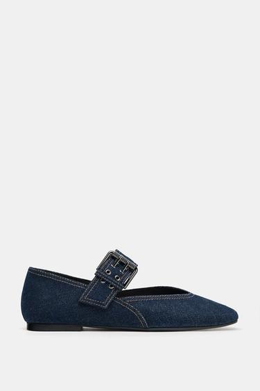 DENIM BUCKLE BALLERINAS - Blue by Zara