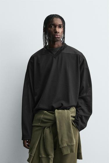 Zara OPEN-WEAVE TEXTURED T-SHIRT - Black