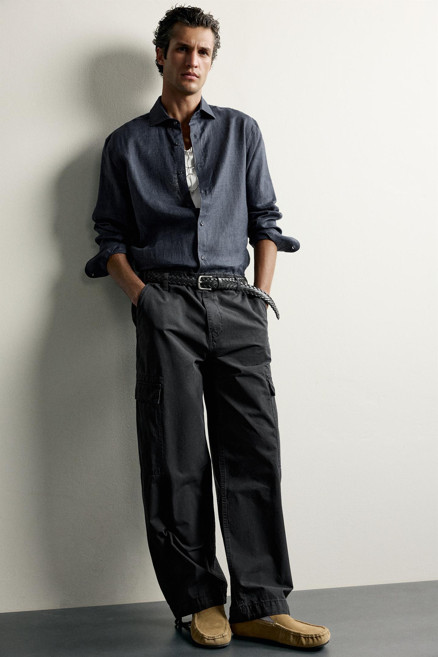 Мужская рубашка Zara 100% Linen Regular Fit, цвет: Синий / Индиго — фото 6