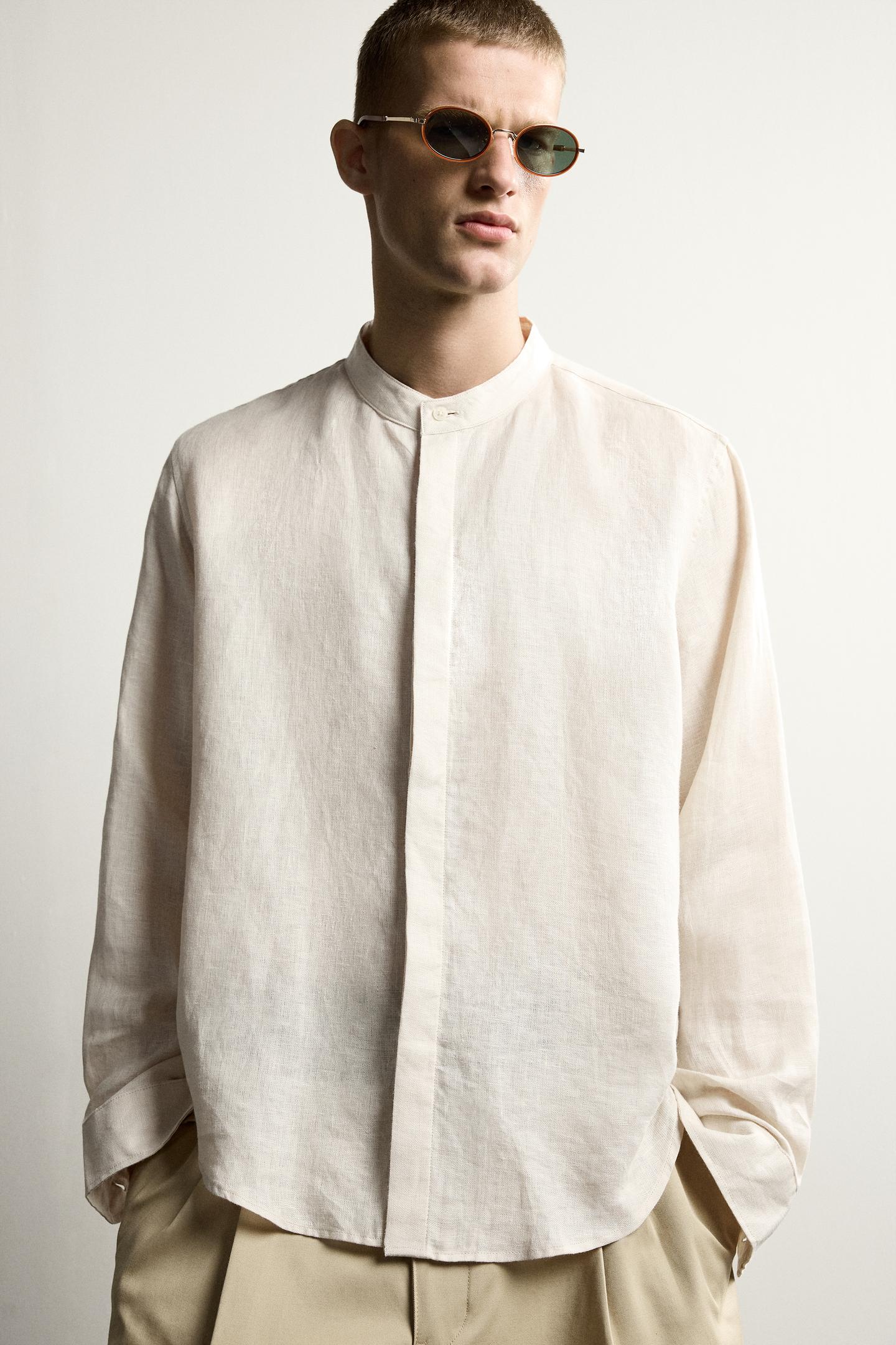 Мужская рубашка Zara 100% Linen Relaxed Fit, цвет: Светлый бежевый — фото 5
