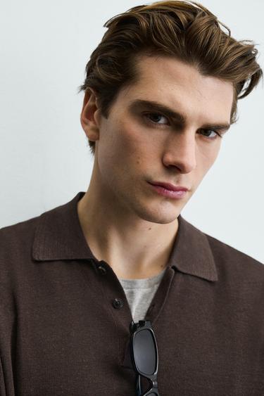 LINEN BLEND KNIT POLO SHIRT - Chocolate by Zara - Image 5