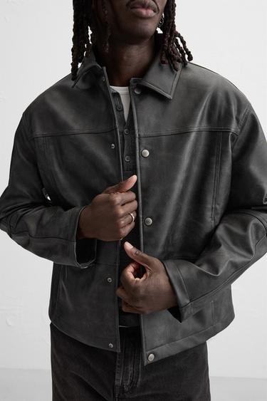 FADED LEATHER EFFECT JACKET - Black / Green by Zara - Image 4