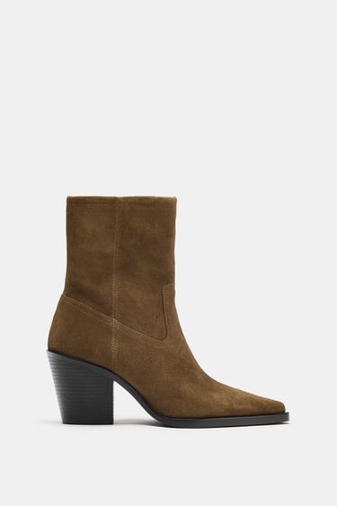 SPLIT SUEDE BLOCK-HEEL ANKLE BOOTS - Taupe Grey by Zara - Image 0