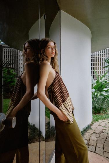 BEADED PRINT HALTER TOP - Ecru / Brown by Zara