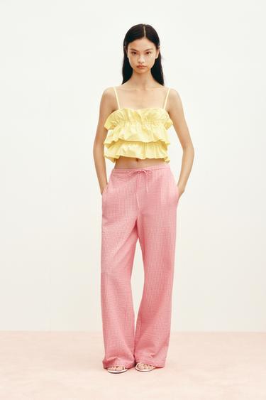 Zara 條紋寬管長褲 - 粉紅色