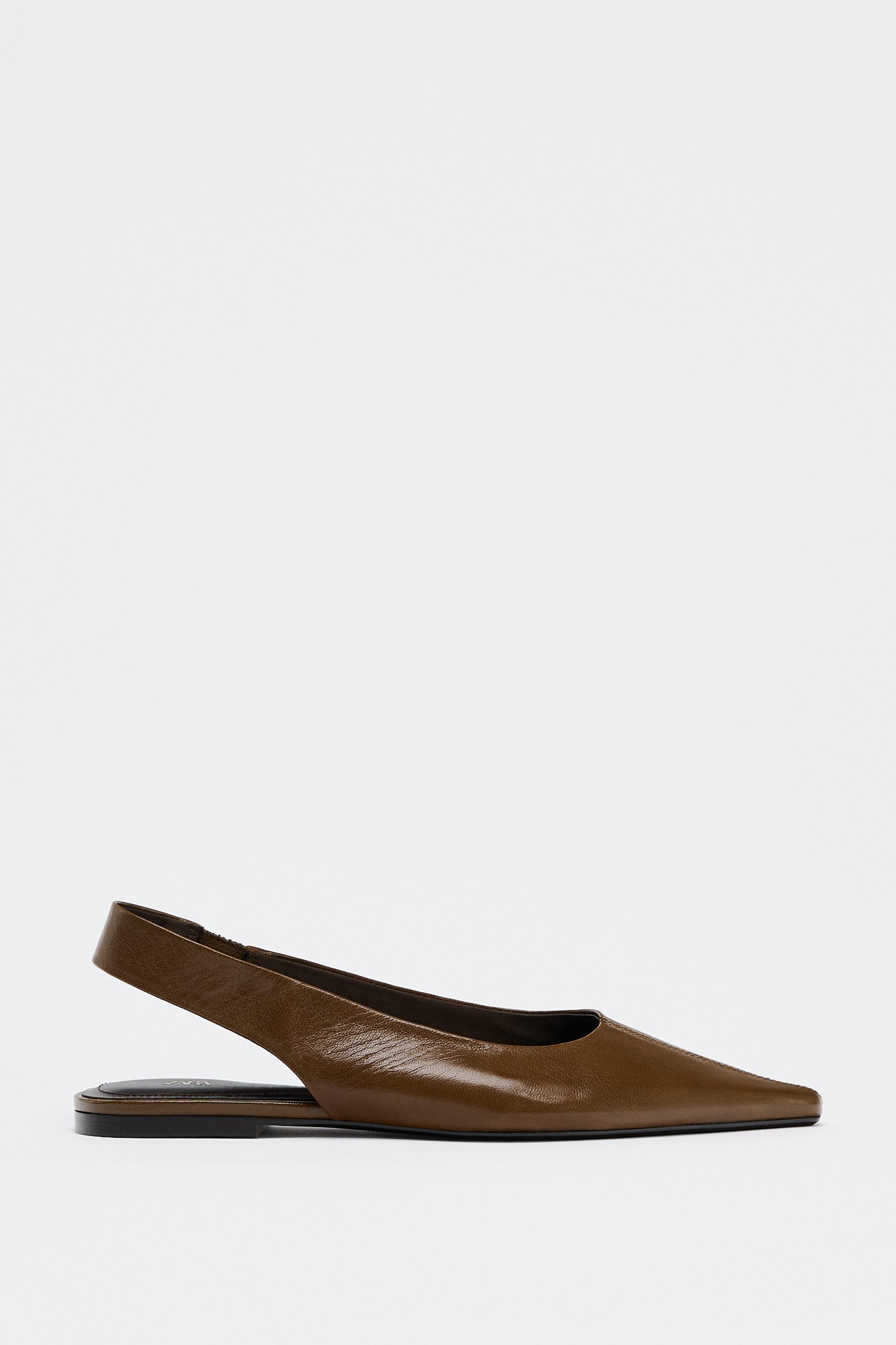 ポインテッドトゥレザーバレリーナシューズ - ブラウン | ZARA