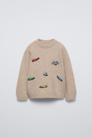 KNIT SWEATER WITH EMBROIDERED CARS - Light beige by Zara - Image 0