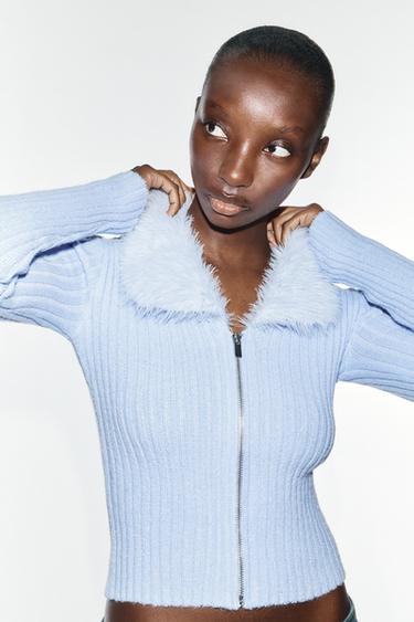 FAUX FUR EFFECT COLLAR TOP — Light blue 2