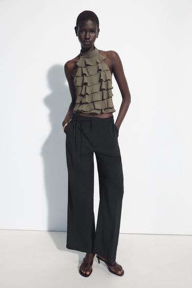 Zara GEORGETTE HALTER TOP - Light khaki