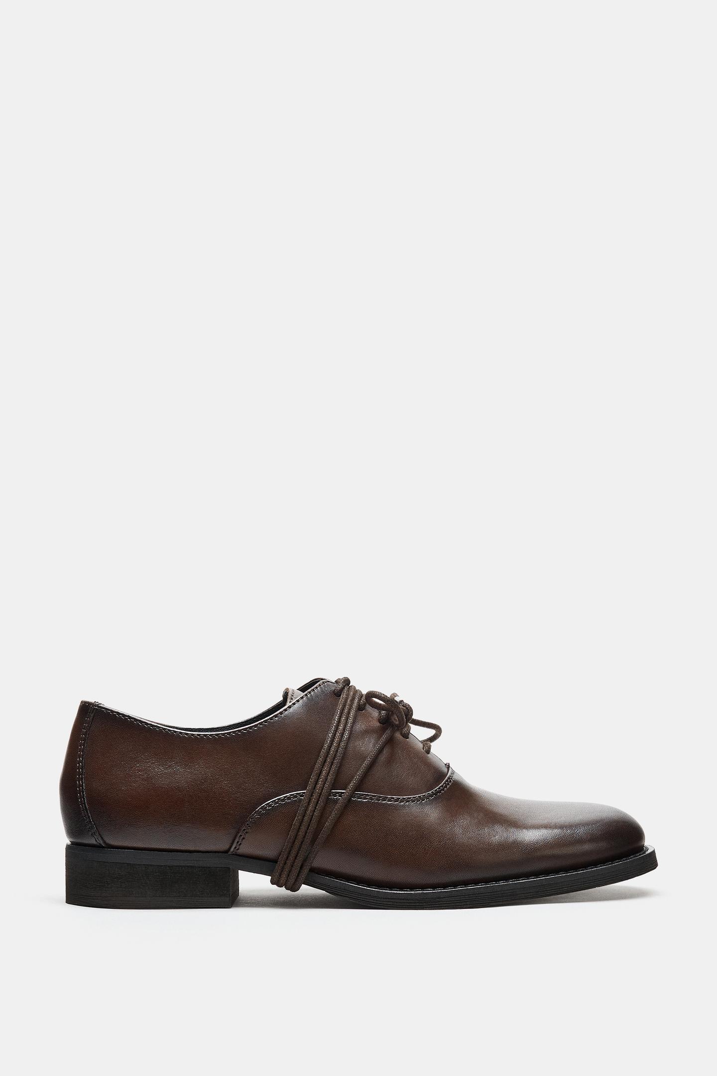 Женские туфли Zara Leather Lace-Up Blucher, цвет: Коричневый — фото 3