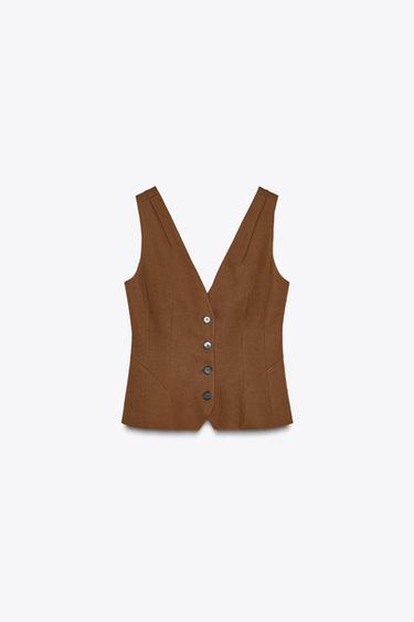 Zara ZW COLLECTION LINEN BLEND VOLUME VEST - Brown