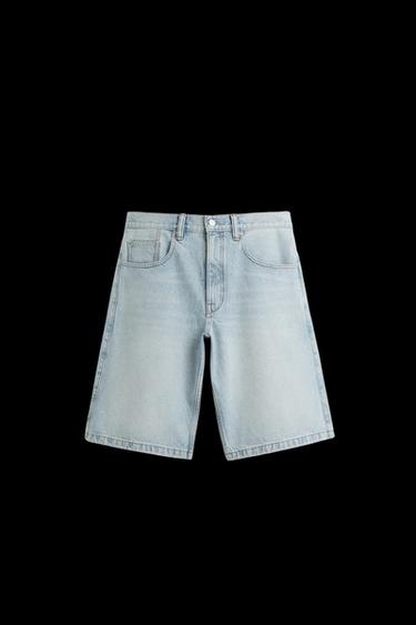 Zara BAGGY FIT DENIM SHORTS - Light blue