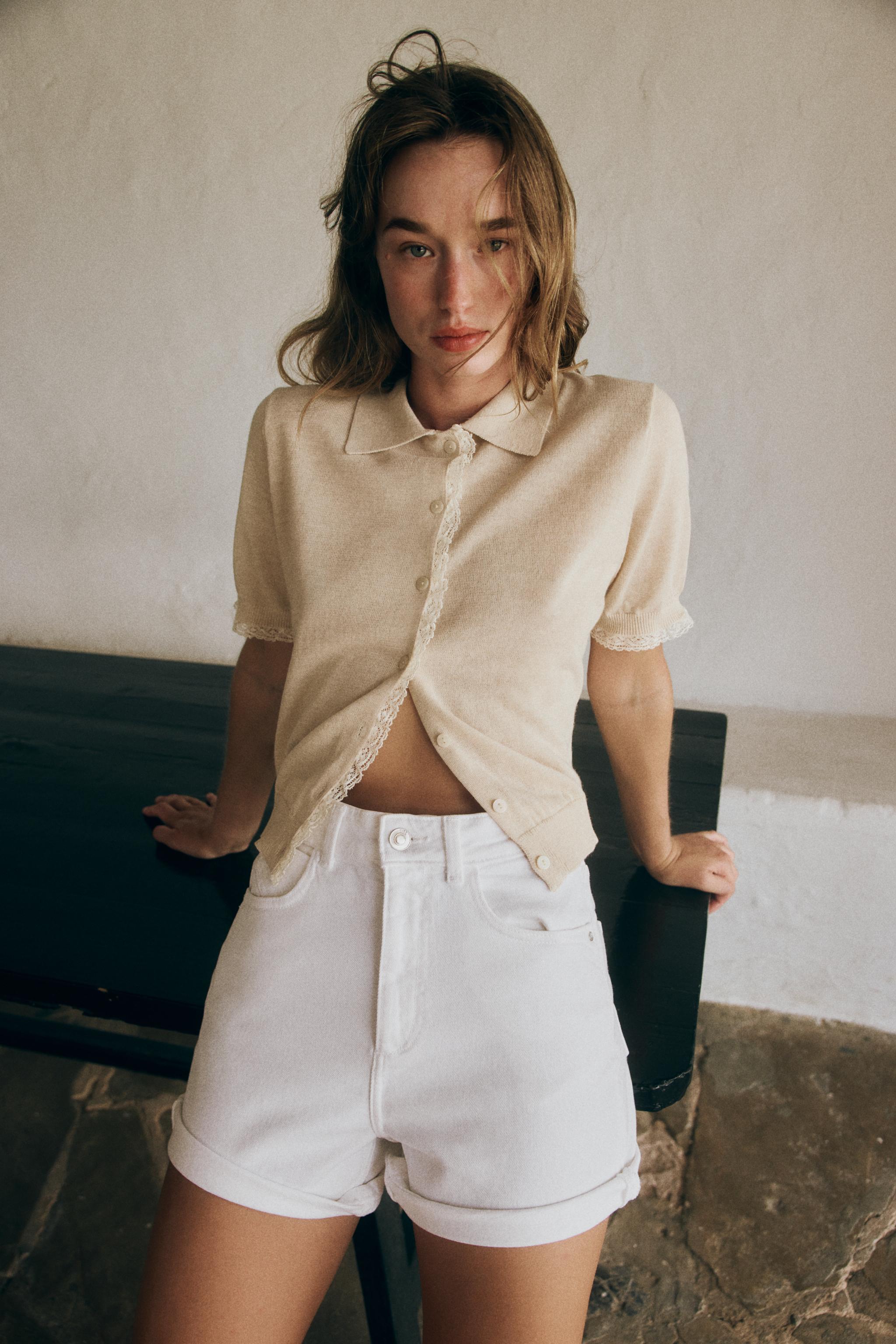 SHORT SLEEVE LACE TRIM CARDIGAN — Sand (alternate view)