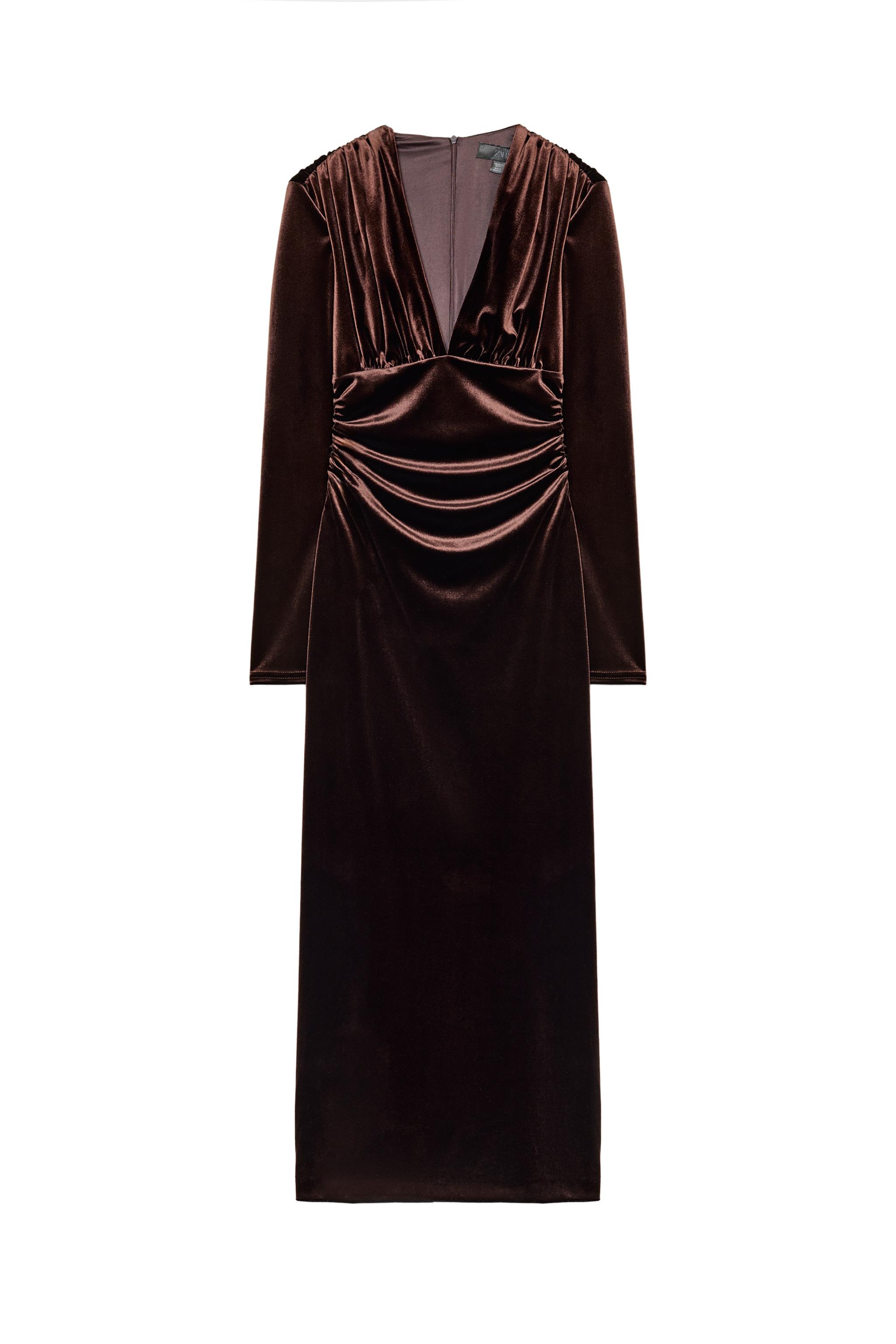 Zara - Draped Velvet Midi Dress - Dark Brown - S - Woman Zara - Draped Velvet Midi Dress - Dark Brown - S - Woman