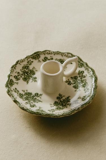 Zara FLORAL EARTHENWARE CANDLEHOLDER - Dark olive