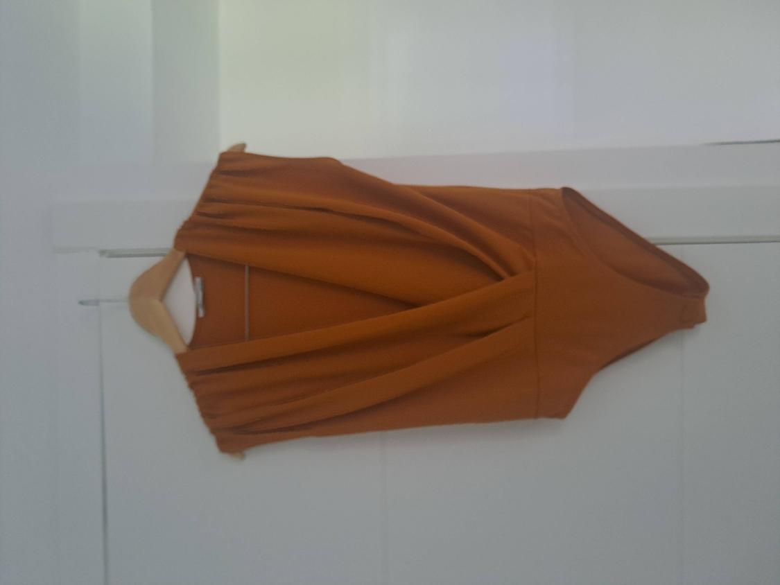 Brown bodysuit with a draped wrap neckline, hanging on a wooden hanger on a white door.