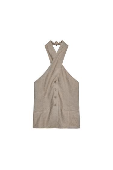 ZW COLLECTION 100% LINEN HALTER WAISTCOAT TOP