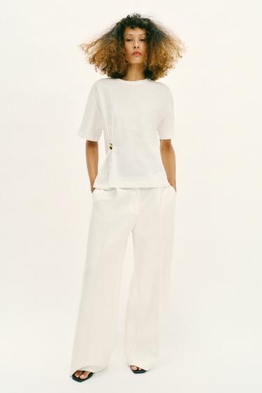 Zara HEAVY COTTON APPLIQUÉ T-SHIRT - Oyster-white