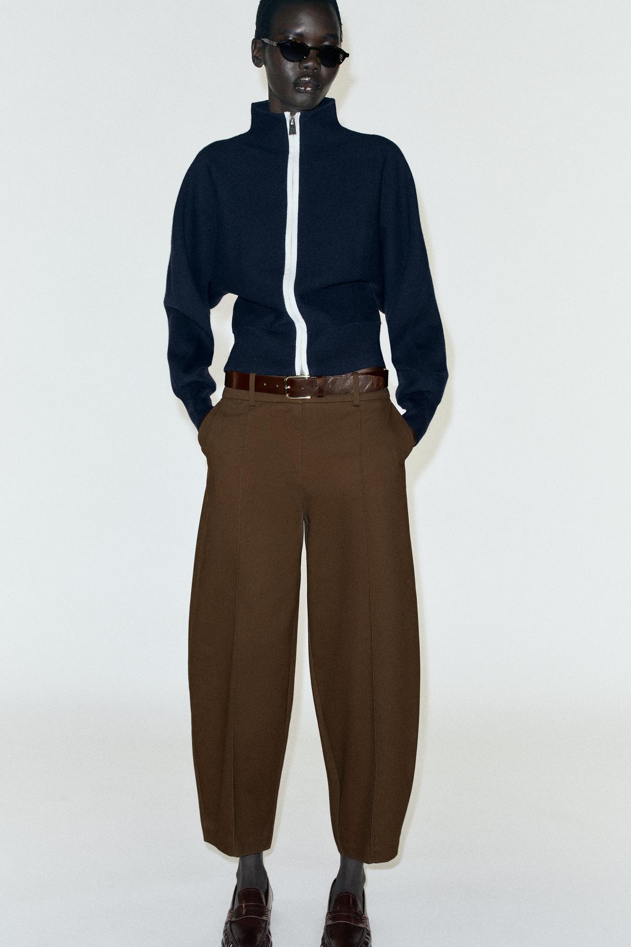 BELTED BALLOON PANTS — Brown