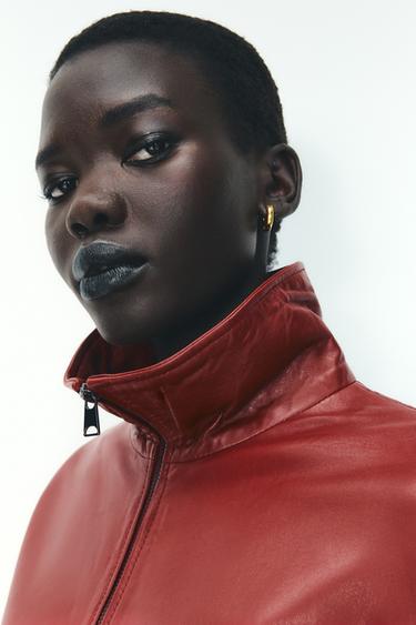 LEATHER ZIP-UP JACKET - Burgundy by Zara