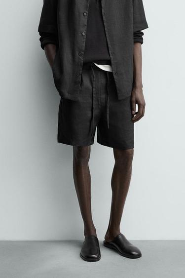 Zara 100% LINEN RELAXED FIT SHORTS - Black