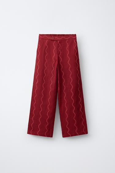 بنطلون WIDE LEG مموج من الكتان - أحمر فاقع الخاص بـ Zara - صورة 0