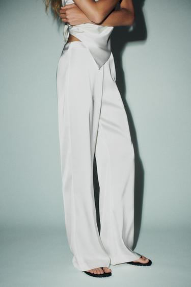 Zara HIGH-WAISTED SATIN PANTS - Ecru
