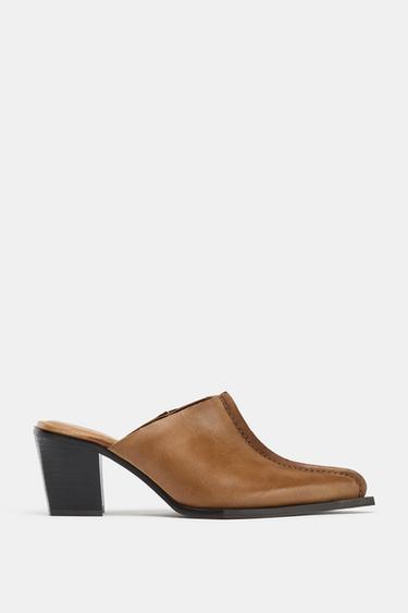 SABOTS EN CUIR AVEC SURPIQÛRE - Marron foncé de Zara