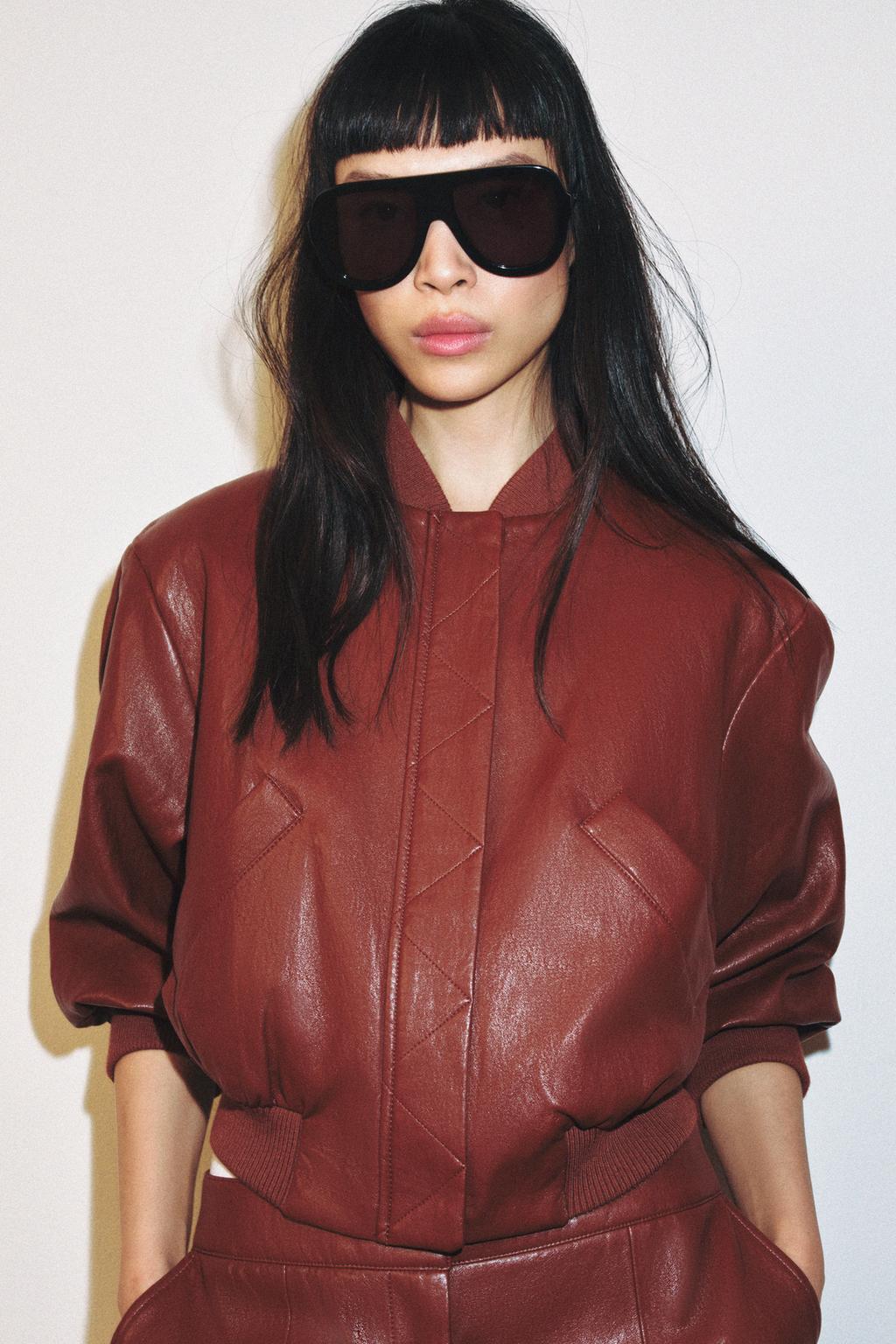 FAUX LEATHER SHOULDER PAD BOMBER JACKET