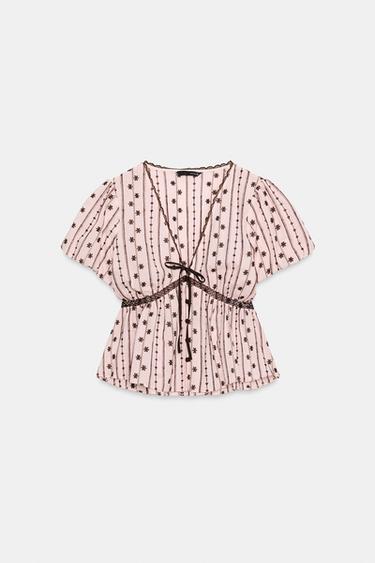 EMBROIDERED TOP WITH BOW - Pink by Zara - Image 0