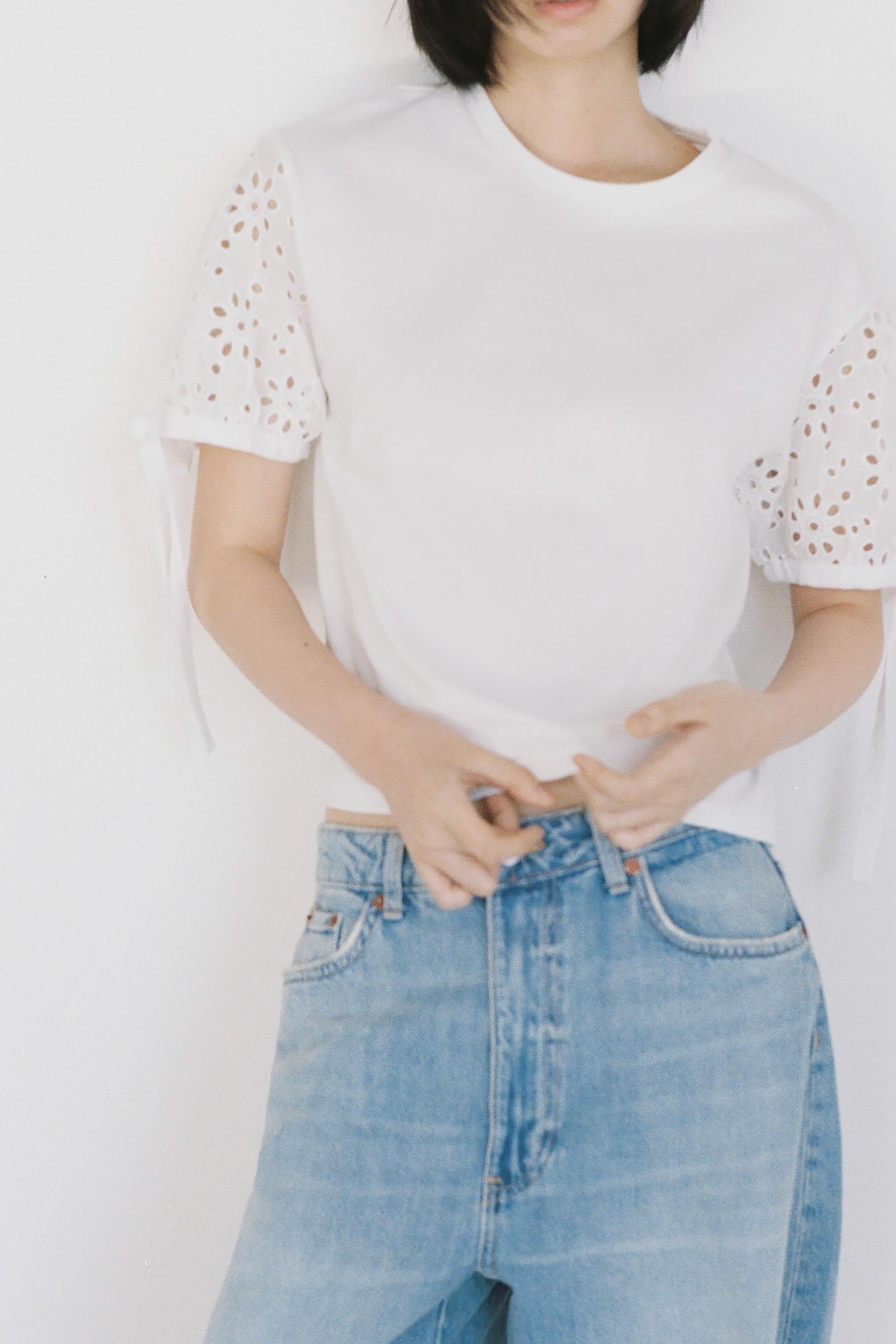 刺繍とリボン付きTシャツ - ホワイト | ZARA Japan / 日本