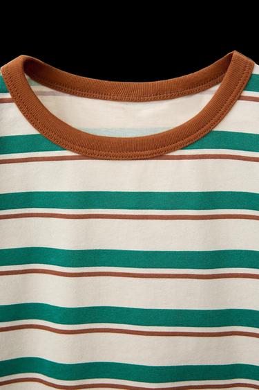 Zara STRIPED TRIM T-SHIRT - Ecru / Green