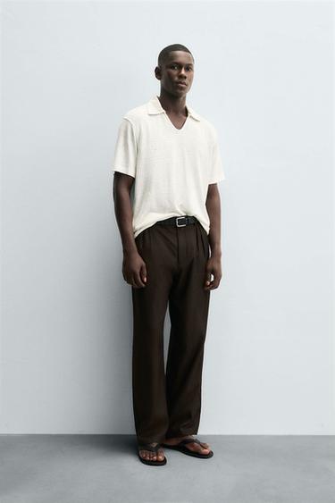 HEMP/VISCOSE KNIT POLO SHIRT - Ecru by Zara - Image 3