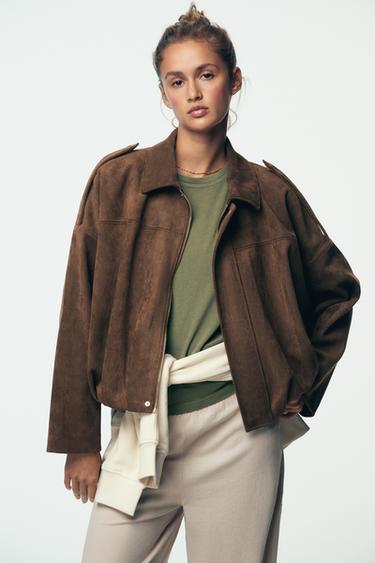 FAUX SUEDE BOMBER JACKET - Chocolate by Zara