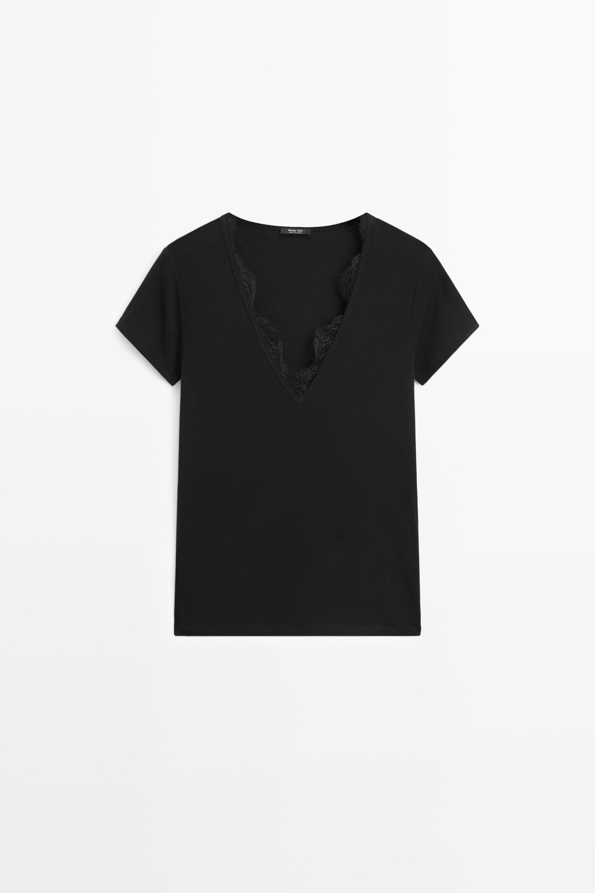 T-shirt à col en V et dentelle