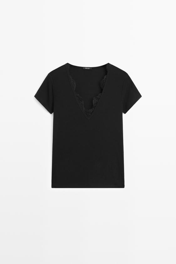 V-neck T-shirt with lace detail from Zara - $70