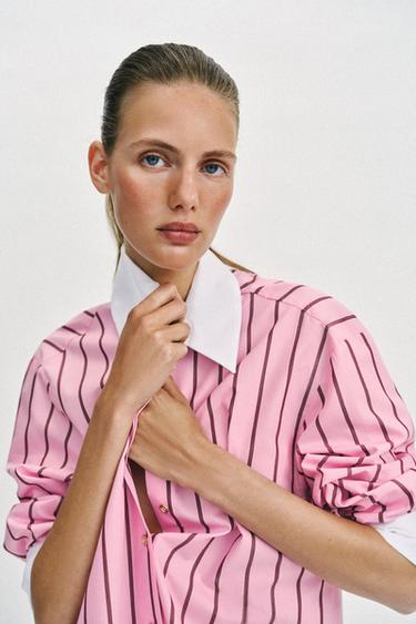 CAMISA OVERSIZE RAYAS PUÑOS CONTRASTE - Rosa / Blanco de Zara