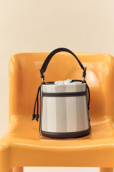 STRIPED CANVAS BUCKET BAG - Light beige by Zara