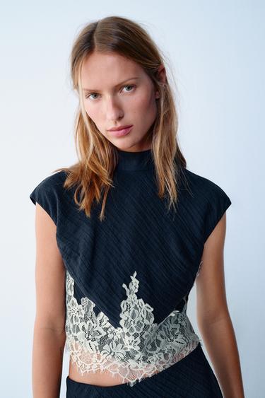 COMBINED LACE CROPPED TOP — Navy / White 2