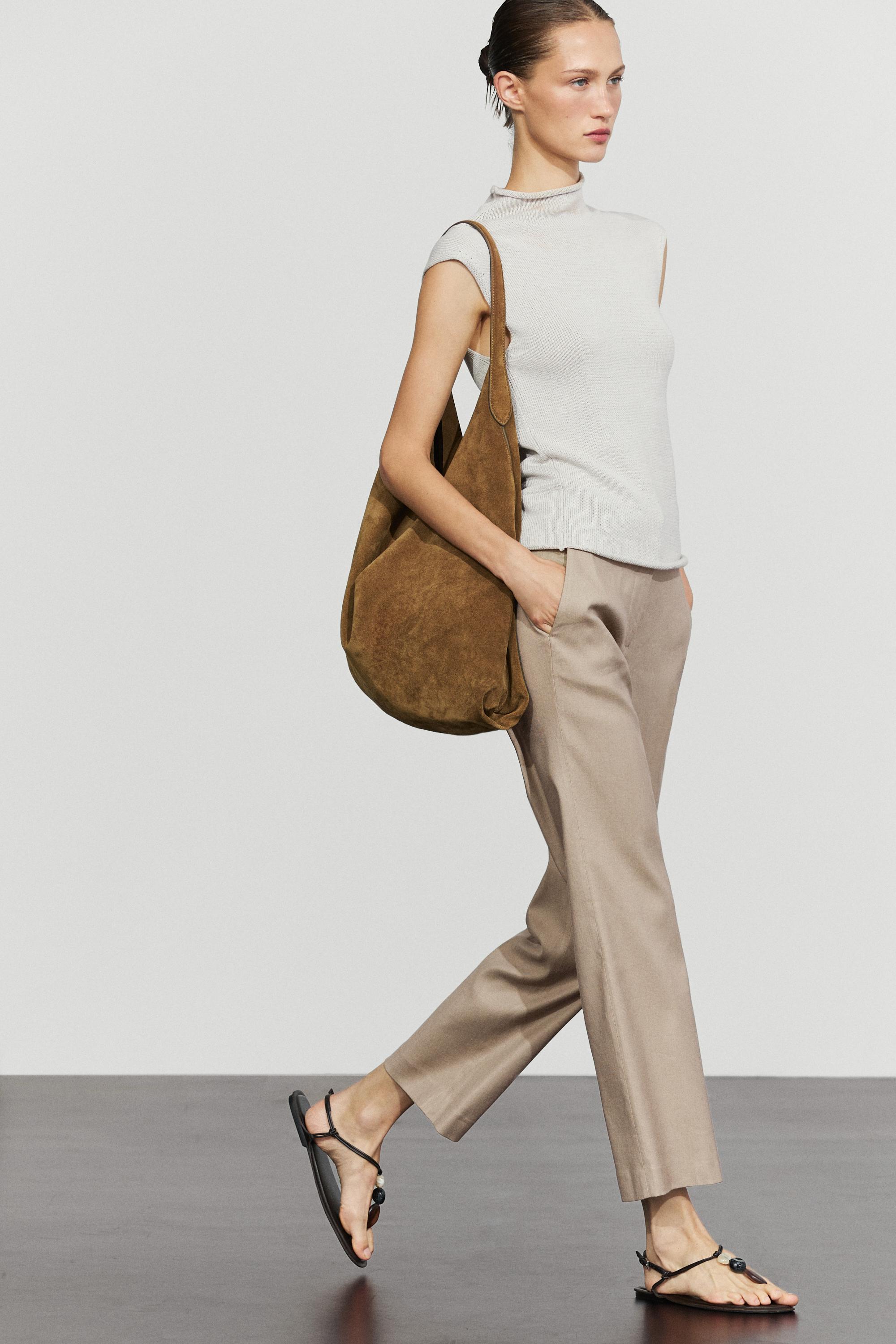 Straight-leg linen blend trousers — Beige