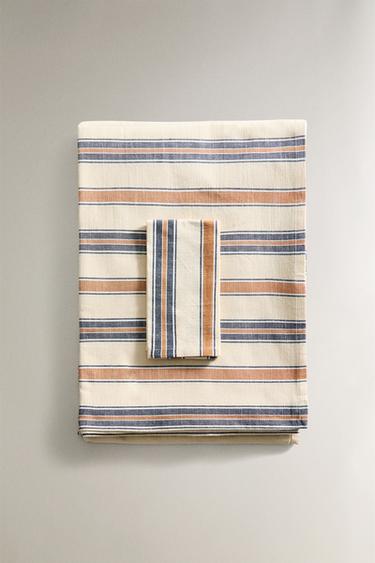 TOALHA DE MESA COM FRANJAS E FIO TINGIDO - Azul da Zara - Imagem 0