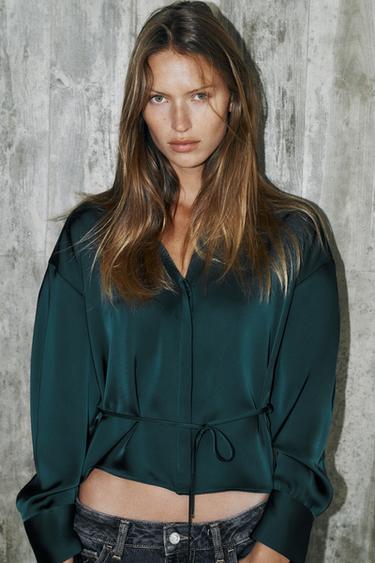 SATIN BLOUSE WITH THIN BELT - Duck green by Zara - Image 2