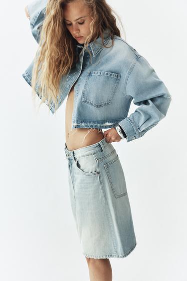 Zara MID-RISE BAGGY DENIM SHORTS - Light blue