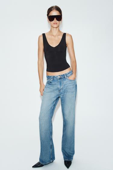 V-neck polyamide top - Black by Zara